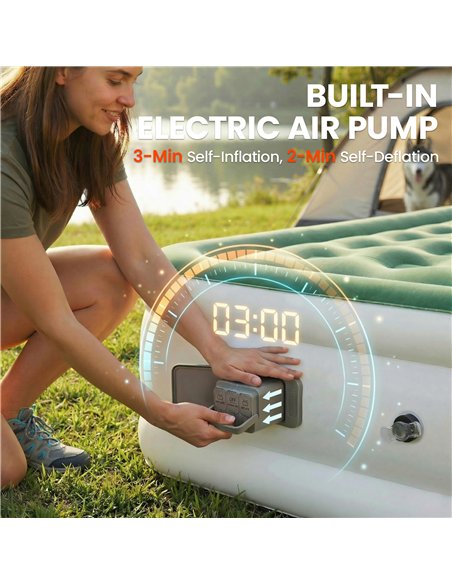 Outsunny Inflatable Mattress, Double Air Bed with Built-in Electric Pump, 3 Mins Inflation, Flocked Surface, Dark Green - pic 202808 | FastDaddyshop