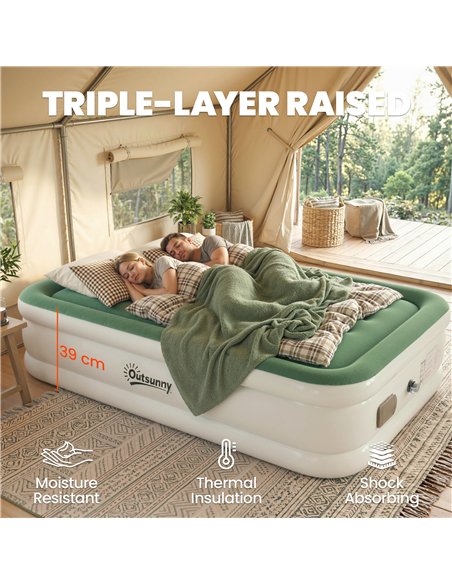 Outsunny Inflatable Mattress, Double Air Bed with Built-in Electric Pump, 3 Mins Inflation, Flocked Surface, Dark Green - pic 202811 | FastDaddyshop