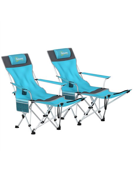Outsunny Set of 2 Reclining Folding Camping Chair w/ Detachable Footrest, Storage Bag, Cup Holder & Headrest, Blue and Grey - pic 202832 | FastDaddyshop
