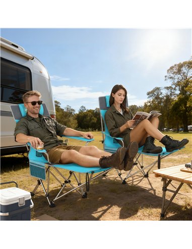 Outsunny Set of 2 Reclining Folding Camping Chair w/ Detachable Footrest, Storage Bag, Cup Holder & Headrest, Blue and Grey