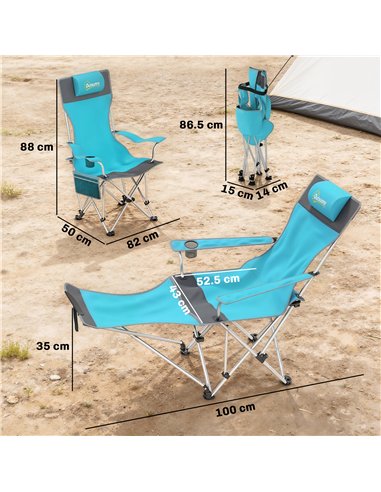 Outsunny Set of 2 Reclining Folding Camping Chair w/ Detachable Footrest, Storage Bag, Cup Holder & Headrest, Blue and Grey