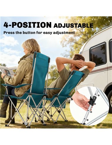 Outsunny Set of 2 Reclining Folding Camping Chair w/ Detachable Footrest, Storage Bag, Cup Holder & Headrest, Blue and Grey