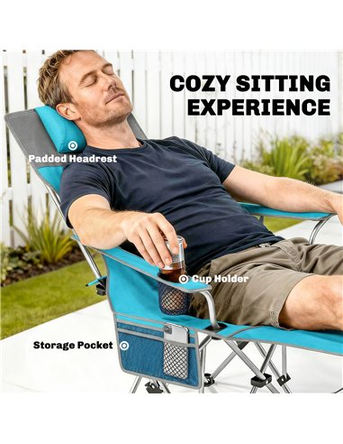 Outsunny Set of 2 Reclining Folding Camping Chair w/ Detachable Footrest, Storage Bag, Cup Holder & Headrest, Blue and Grey