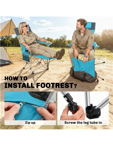 Outsunny Set of 2 Reclining Folding Camping Chair w/ Detachable Footrest, Storage Bag, Cup Holder & Headrest, Blue and Grey