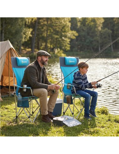 Outsunny Set of 2 Reclining Folding Camping Chair w/ Detachable Footrest, Storage Bag, Cup Holder & Headrest, Blue and Grey