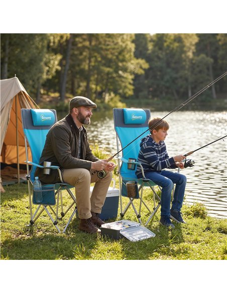 Outsunny Set of 2 Reclining Folding Camping Chair w/ Detachable Footrest, Storage Bag, Cup Holder & Headrest, Blue and Grey - pic 202840 | FastDaddyshop