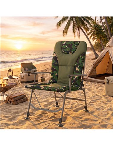 Outsunny Camping Chair Padded Reclining Folding Chair with Wide Armrests for Adults Camouflage