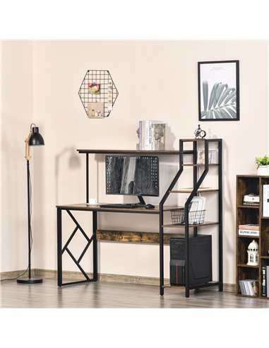 HOMCOM Industrial Computer Desk with Shelves, 6 Tier Storage, Rustic Brown