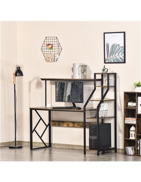 HOMCOM Industrial Computer Desk with Shelves, 6 Tier Storage, Rustic Brown - pic 20286 | FastDaddyshop