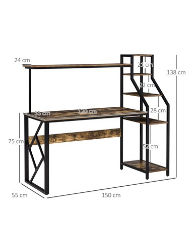 HOMCOM Industrial Computer Desk with Shelves, 6 Tier Storage, Rustic Brown
