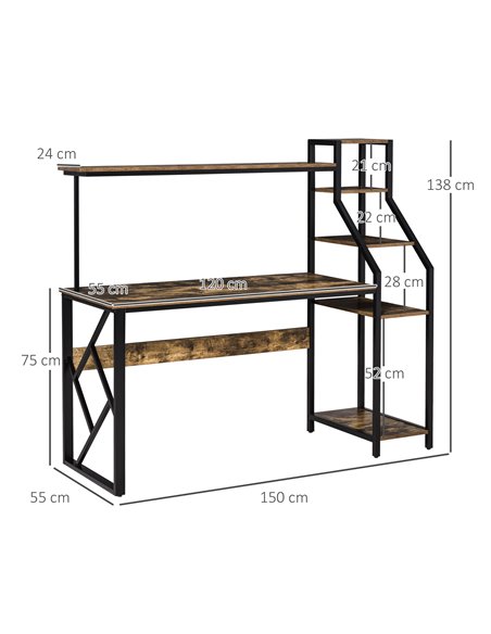 HOMCOM Industrial Computer Desk with Shelves, 6 Tier Storage, Rustic Brown - pic 20287 | FastDaddyshop