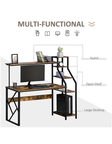 HOMCOM Industrial Computer Desk with Shelves, 6 Tier Storage, Rustic Brown