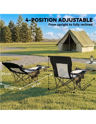 Outsunny Camping Chair Reclining Portable Camp Chair with Detachable Footrest Cup Holder Black