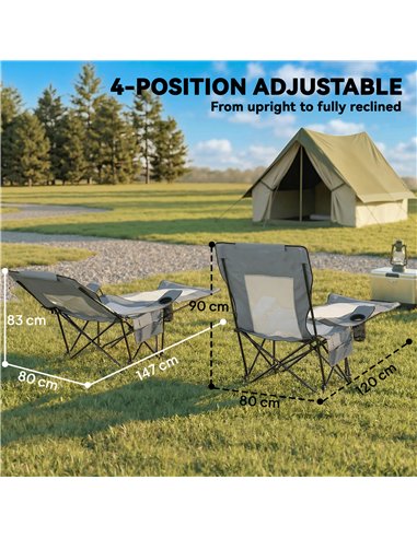 Outsunny Camping Chair Reclining Portable Camp Chair with Detachable Footrest Cup Holder Grey