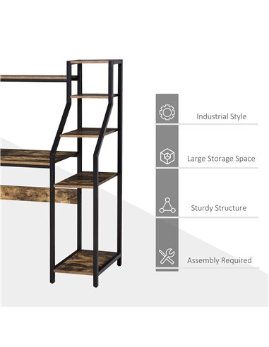 HOMCOM Industrial Computer Desk with Shelves, 6 Tier Storage, Rustic Brown