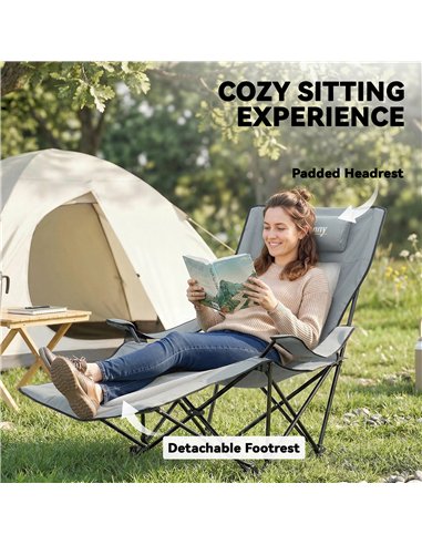 Outsunny Camping Chair Reclining Portable Camp Chair with Detachable Footrest Cup Holder Grey