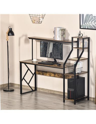 HOMCOM Industrial Computer Desk with Shelves, 6 Tier Storage, Rustic Brown