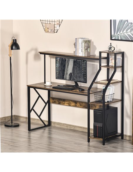 HOMCOM Industrial Computer Desk with Shelves, 6 Tier Storage, Rustic Brown - pic 20291 | FastDaddyshop