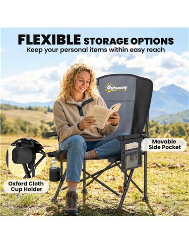 Outsunny Padded Camping Chair Adults Heavy Duty Folding Chair Side Pocket Cup Holder Carry Bag Outdoor Black