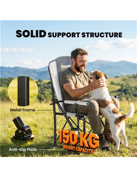 Outsunny Padded Camping Chair Adults Heavy Duty Folding Chair Side Pocket Cup Holder Carry Bag Outdoor Light Grey - pic 202926 | FastDaddyshop