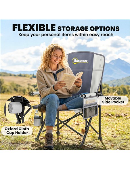 Outsunny Padded Camping Chair Adults Heavy Duty Folding Chair Side Pocket Cup Holder Carry Bag Outdoor Light Grey - pic 202927 | FastDaddyshop