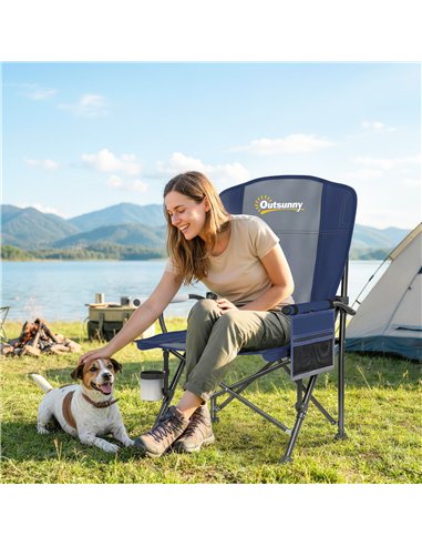 Outsunny Padded Camping Chair Adults Heavy Duty Folding Chair Side Pocket Cup Holder Carry Bag Outdoor Dark Blue