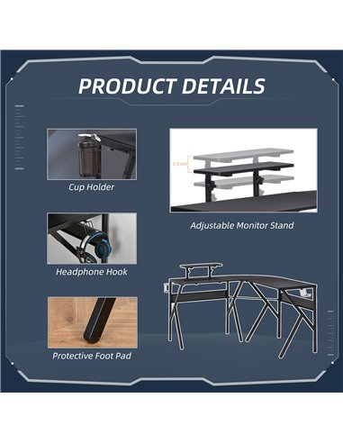 HOMCOM L-Shaped Corner Computer Gaming Desk with Adjustable Monitor Stand, Black
