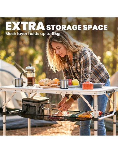 Outsunny 3ft Folding Camping Table, Picnic Table with Mesh Storage Layer, Carrying Bag and Metal Frame, Cream White