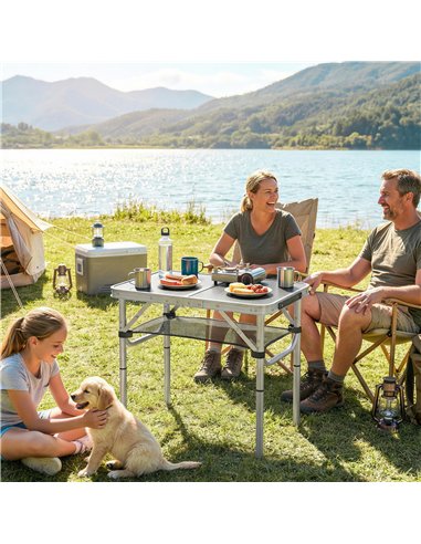 Outsunny 2ft Folding Camping Table, Picnic Table with Mesh Storage Layer, 4 Adjustable Heights and Carrying Handle, Black