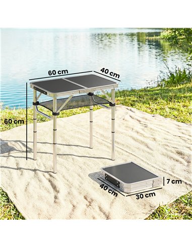 Outsunny 2ft Folding Camping Table, Picnic Table with Mesh Storage Layer, 4 Adjustable Heights and Carrying Handle, Black