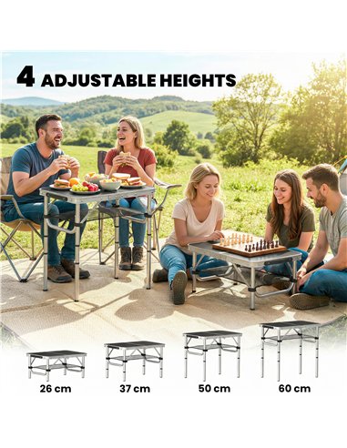 Outsunny 2ft Folding Camping Table, Picnic Table with Mesh Storage Layer, 4 Adjustable Heights and Carrying Handle, Black