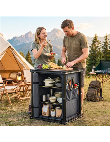 Outsunny Camping Camping Cupboards, Folding Portable Kitchen Table with 3-Tier Storage, Black - pic 203022 | FastDaddyshop