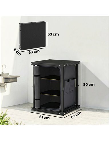 Outsunny Camping Camping Cupboards, Folding Portable Kitchen Table with 3-Tier Storage, Black