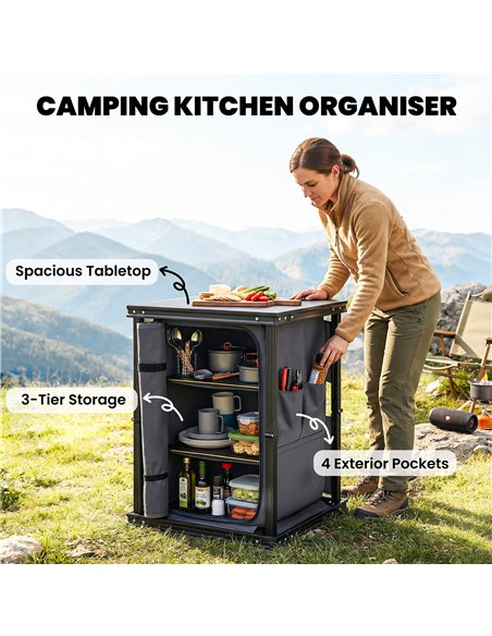 Outsunny Camping Camping Cupboards, Folding Portable Kitchen Table with 3-Tier Storage, Black - pic 203024 | FastDaddyshop