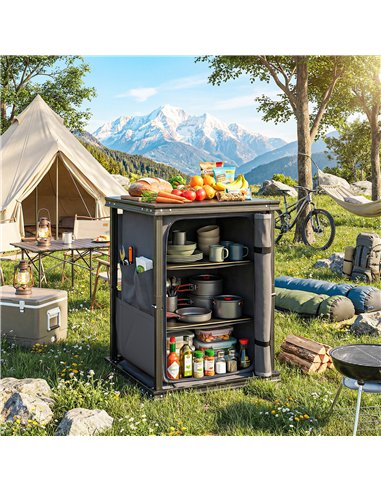 Outsunny Camping Camping Cupboards, Folding Portable Kitchen Table with 3-Tier Storage, Black