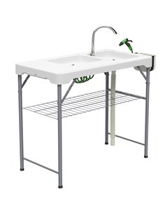 Outsunny Folding Fish Cleaning Table with Sinks, Portable Camping Sink Table with Faucet, Drainage Hose