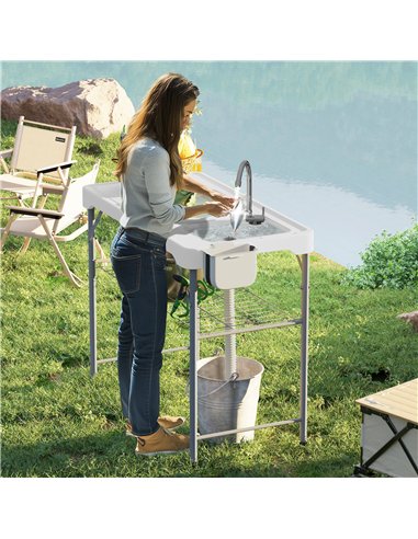 Outsunny Folding Fish Cleaning Table with Sinks, Portable Camping Sink Table with Faucet, Drainage Hose