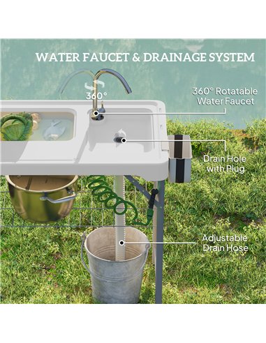 Outsunny Folding Fish Cleaning Table with Sinks, Portable Camping Sink Table with Faucet, Drainage Hose