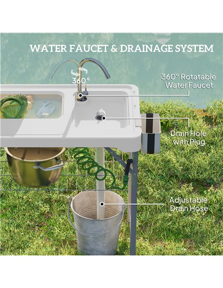 Outsunny Folding Fish Cleaning Table with Sinks, Portable Camping Sink Table with Faucet, Drainage Hose - pic 203033 | FastDaddyshop