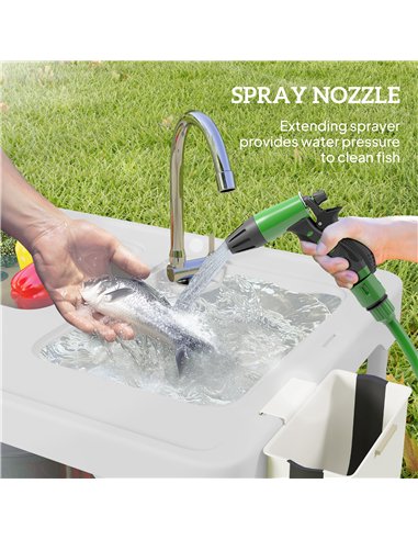 Outsunny Folding Fish Cleaning Table with Sinks, Portable Camping Sink Table with Faucet, Drainage Hose