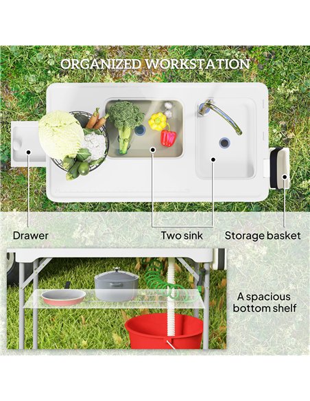 Outsunny Folding Fish Cleaning Table with Sinks, Portable Camping Sink Table with Faucet, Drainage Hose - pic 203035 | FastDaddyshop