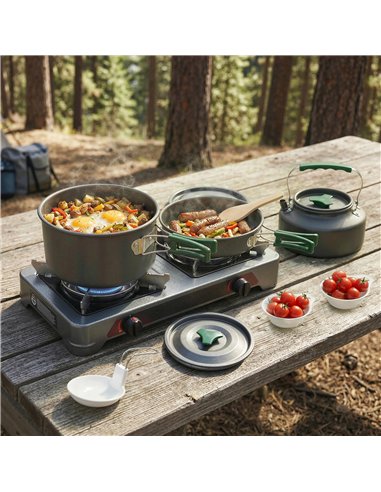 Outsunny Camping Cookware Set for 2-3 People, Ultralight Aluminium Camping Cooking Kit with Anti-Scald Handles, Grey