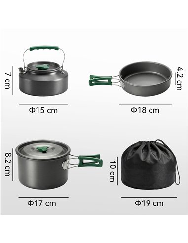 Outsunny Camping Cookware Set for 2-3 People, Ultralight Aluminium Camping Cooking Kit with Anti-Scald Handles, Grey