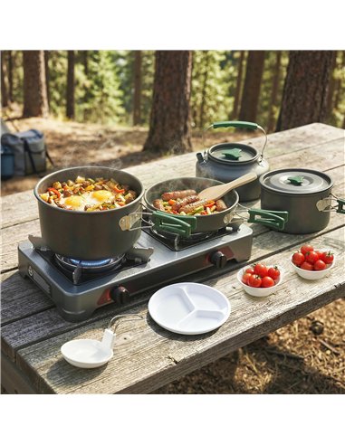 Outsunny Camping Cookware Set for 4-5 People, Lightweight Aluminium Camping Cooking Kit with Anti-Scald Handles, Grey