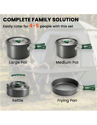 Outsunny Camping Cookware Set for 4-5 People, Lightweight Aluminium Camping Cooking Kit with Anti-Scald Handles, Grey