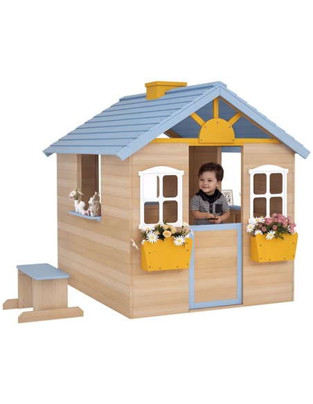 Outsunny Wooden Playhouse, Wendy House with Door, Bench, Flowerpot Holder, for Ages 3-7 Years, Blue - pic 203093 | FastDaddyshop
