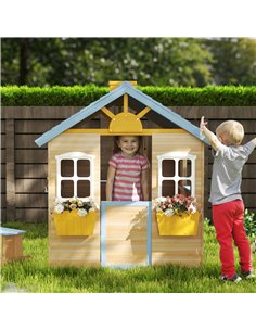 Outsunny Wooden Playhouse, Wendy House with Door, Bench, Flowerpot Holder, for Ages 3-7 Years, Blue 2