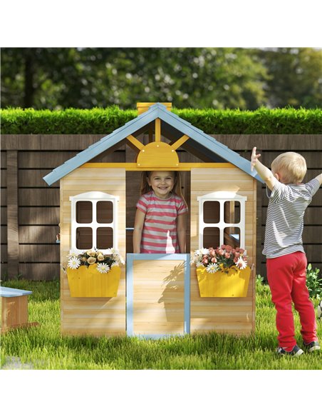 Outsunny Wooden Playhouse, Wendy House with Door, Bench, Flowerpot Holder, for Ages 3-7 Years, Blue - pic 203094 | FastDaddyshop