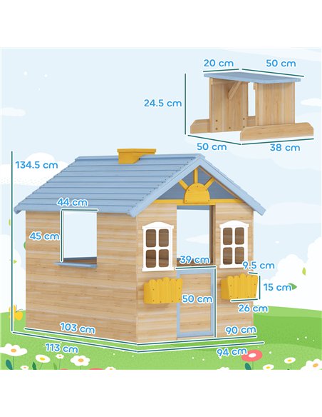 Outsunny Wooden Playhouse, Wendy House with Door, Bench, Flowerpot Holder, for Ages 3-7 Years, Blue - pic 203095 | FastDaddyshop