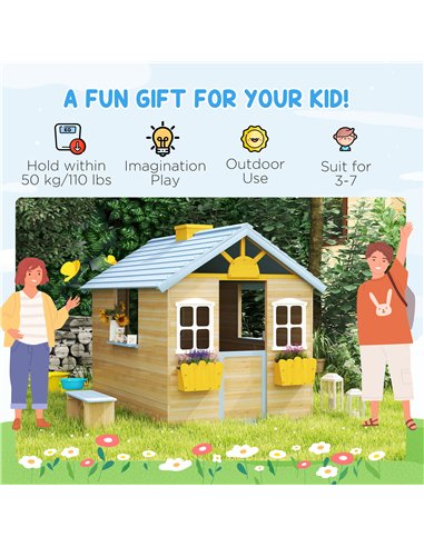 Outsunny Wooden Playhouse, Wendy House with Door, Bench, Flowerpot Holder, for Ages 3-7 Years, Blue